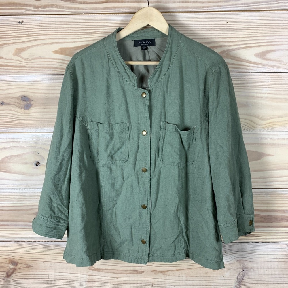 Arna York Collection Lagenlook Jacket 22W Green Khaki Linen Blend‎ Snap Relaxed